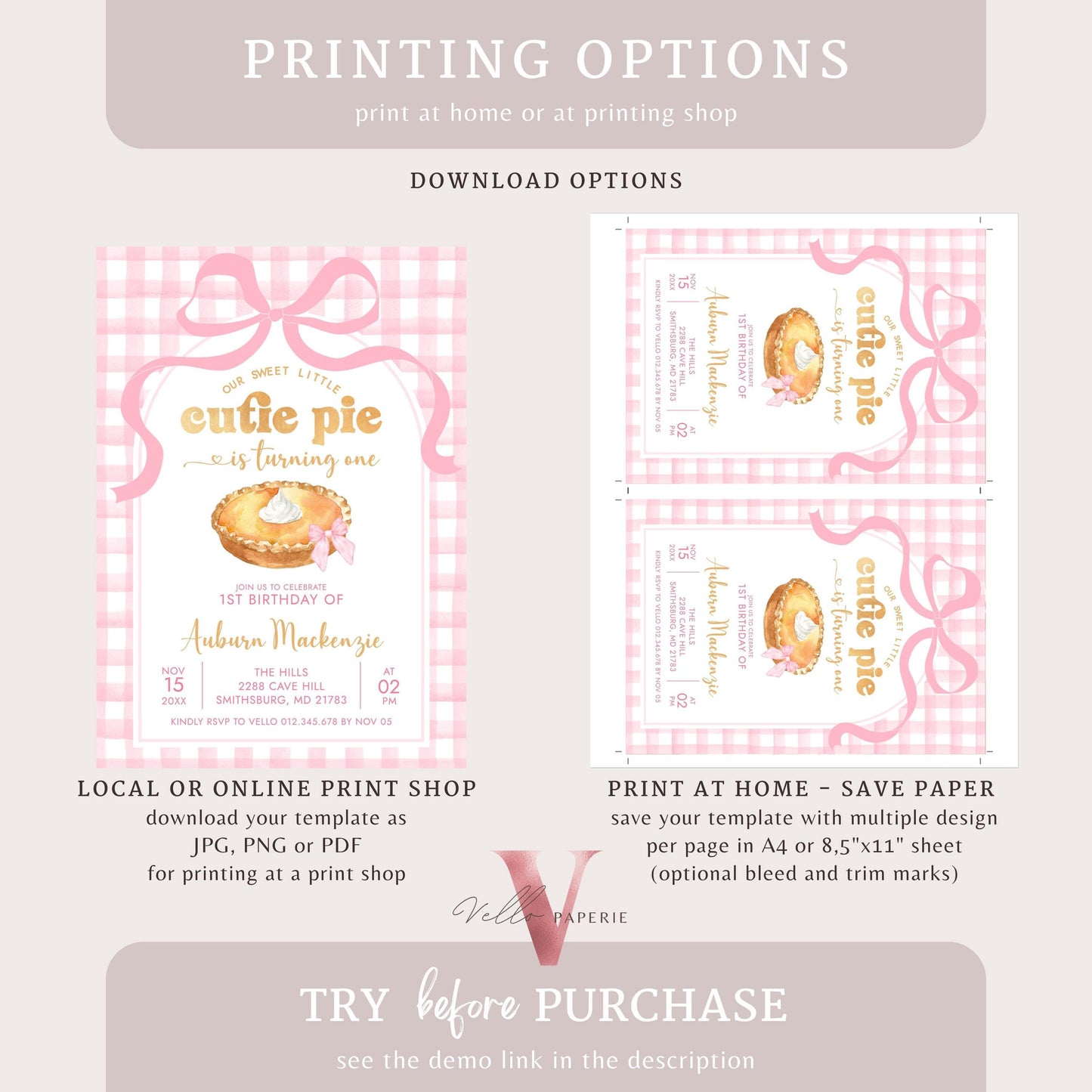 Editable Cutie Pie ANY AGE Birthday Invitation | FALL Sweetie Pie Birthday Party Invite | Autumn Pie Birthday Girl Sweet Pie Pink Photo