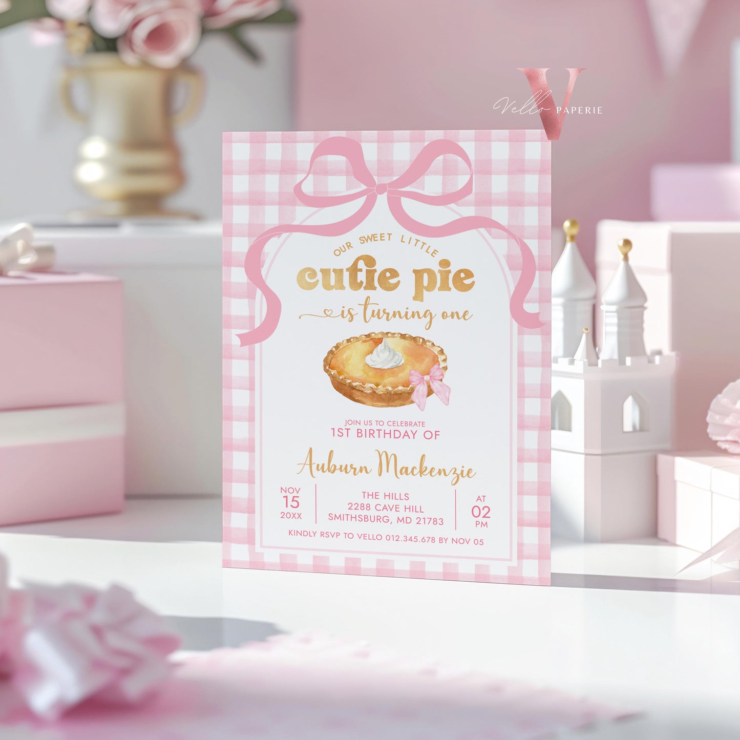 Editable Cutie Pie ANY AGE Birthday Invitation | FALL Sweetie Pie Birthday Party Invite | Autumn Pie Birthday Girl Sweet Pie Pink Photo