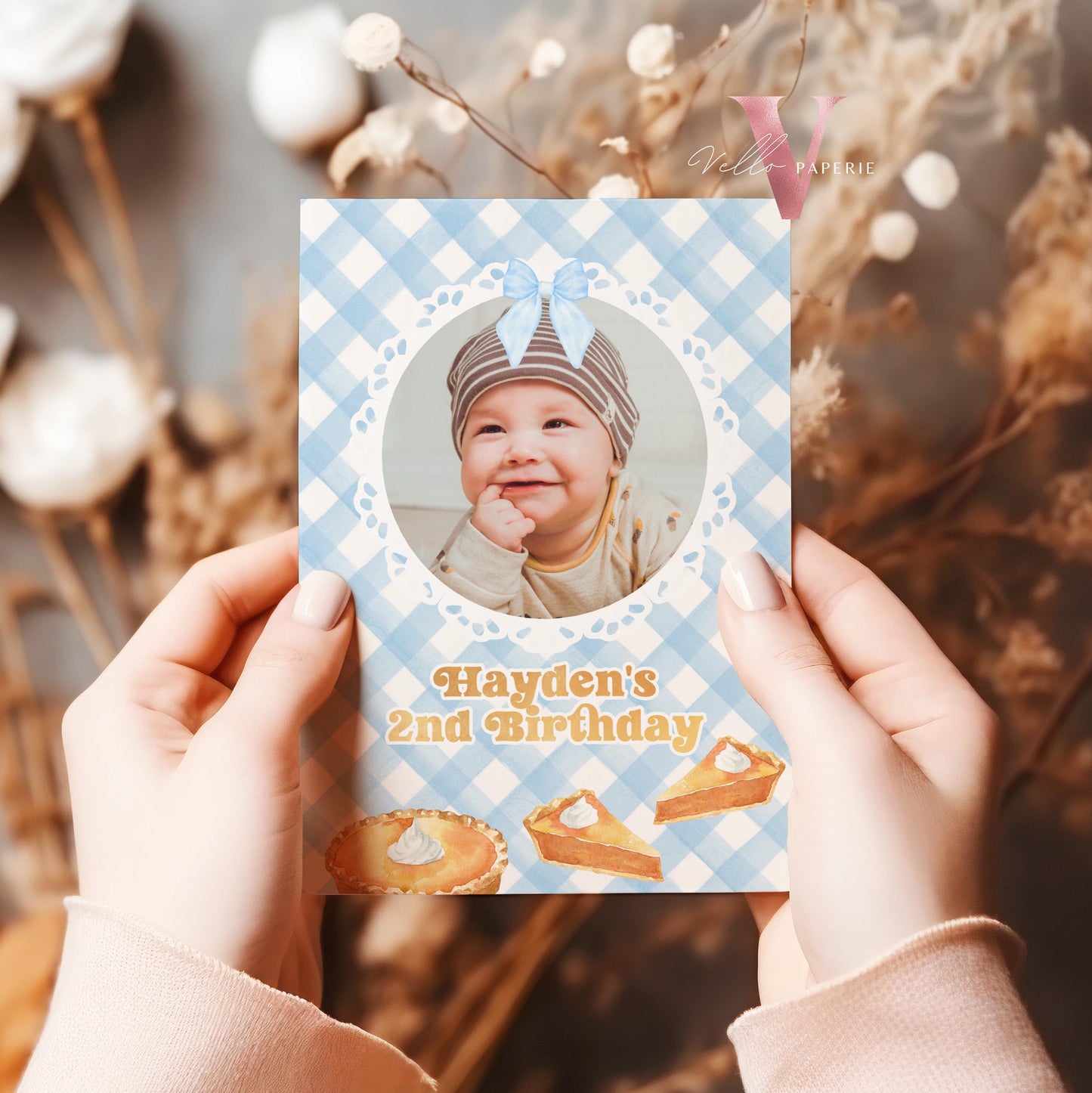 Editable Cutie Pie ANY AGE Birthday Invitation | FALL Sweetie Pie Birthday Party Invite | Autumn Pie Birthday Boy or Girl Pie Blue Gingham