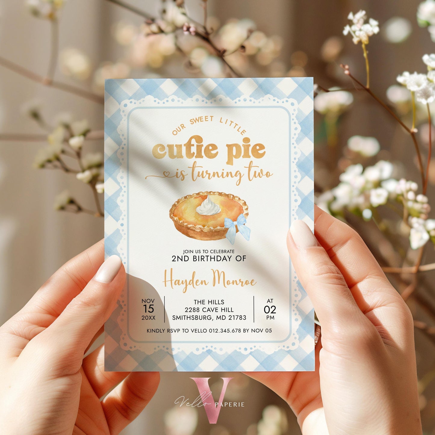 Editable Cutie Pie ANY AGE Birthday Invitation | FALL Sweetie Pie Birthday Party Invite | Autumn Pie Birthday Boy or Girl Pie Blue Gingham