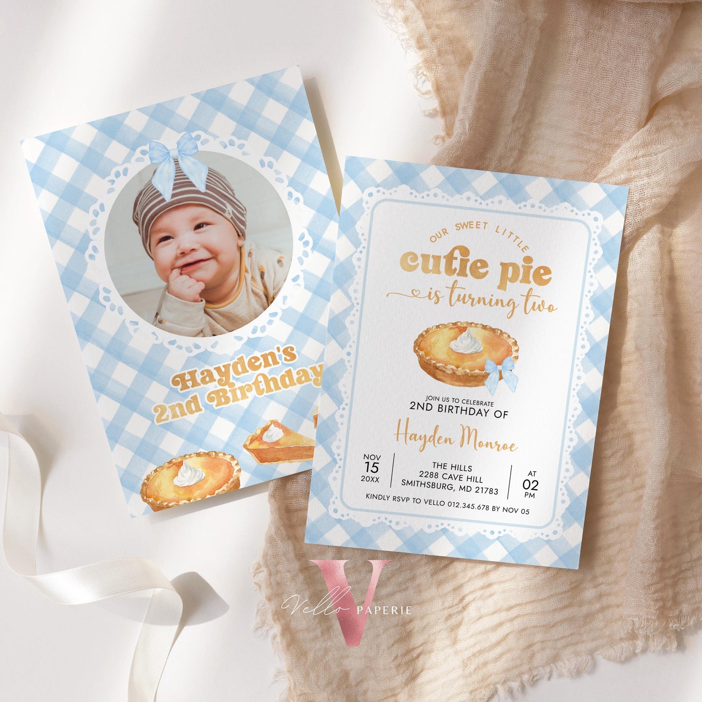 Editable Cutie Pie ANY AGE Birthday Invitation | FALL Sweetie Pie Birthday Party Invite | Autumn Pie Birthday Boy or Girl Pie Blue Gingham