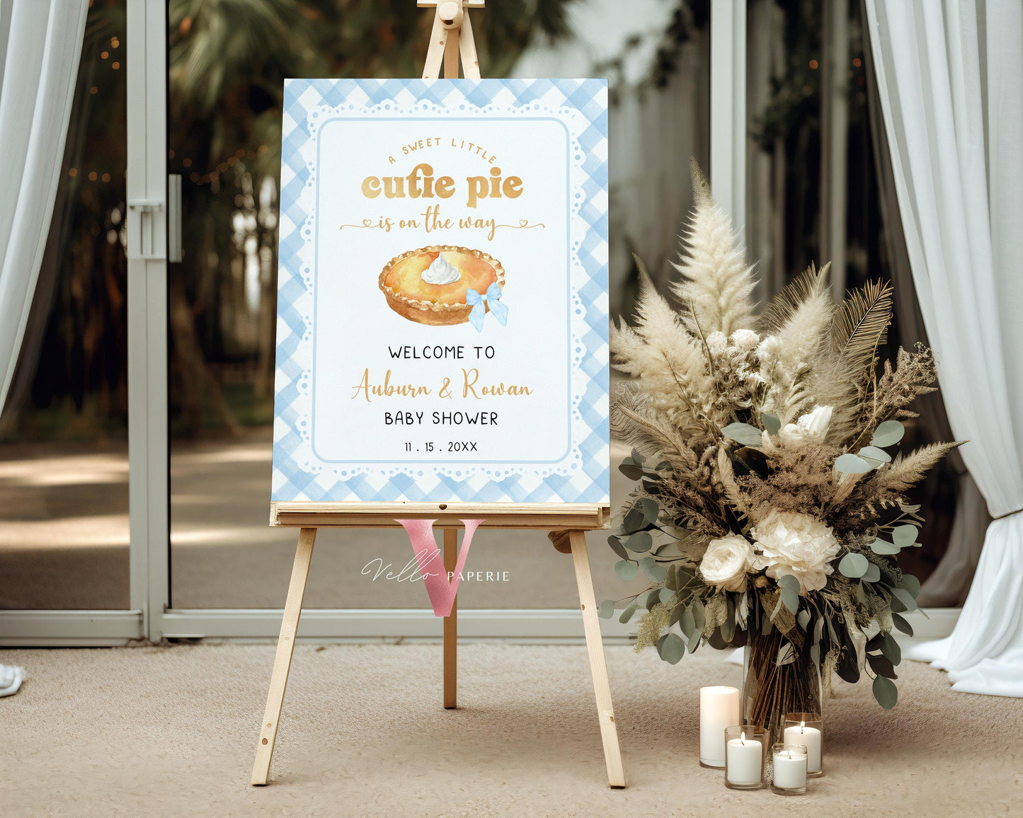 Sweet Cutie Pie Baby Shower Welcome Sign | FALL Autumn Cutie Pie Baby Shower Decor Sign | Blue Gingham Gender Neutral Pie Party Sign CPB02