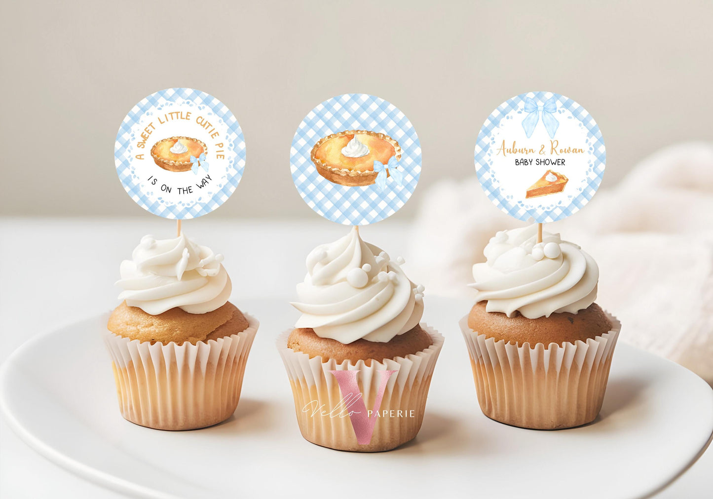 Sweet Cutie Pie Baby Shower or Birthday Cupcake Topper | FALL Autumn Cutie Pie Cake Decor | Blue Gingham Gender Neutral Pie Topper CPB02