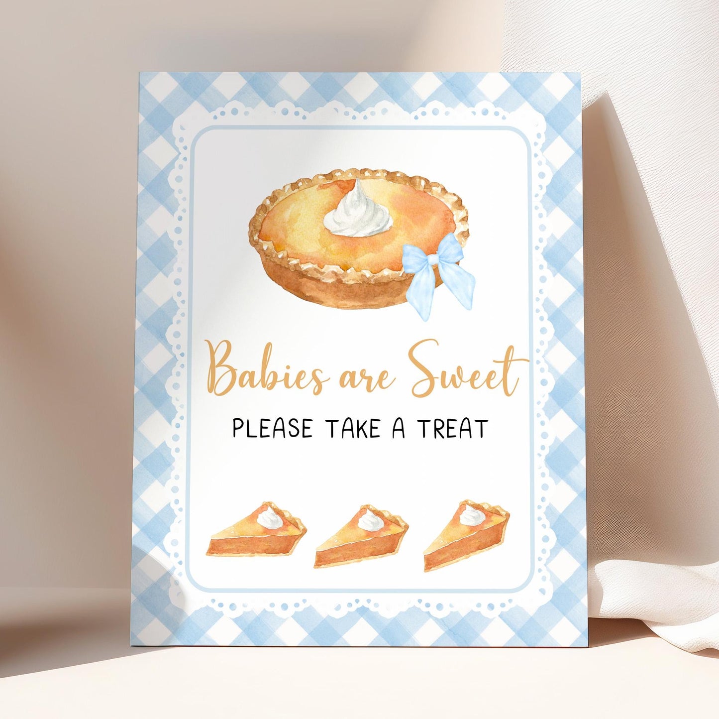 Editable Cutie Pie Baby Shower Premade Sign | FALL Autumn Cutie Pie Baby Shower Decor Sign | Blue Gingham Neutral Pie Party Table Sign CPB02