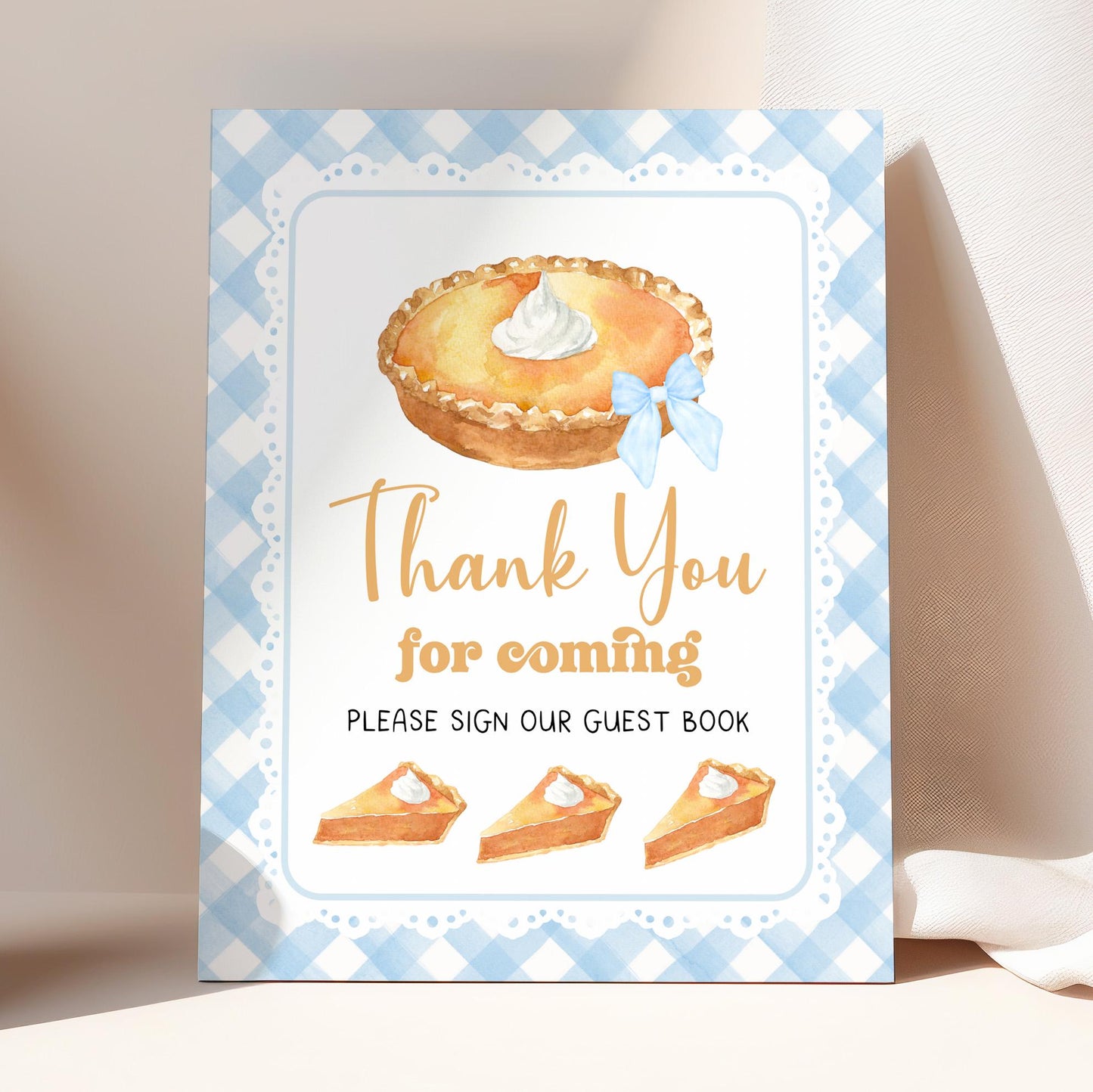 Editable Cutie Pie Baby Shower Premade Sign | FALL Autumn Cutie Pie Baby Shower Decor Sign | Blue Gingham Neutral Pie Party Table Sign CPB02