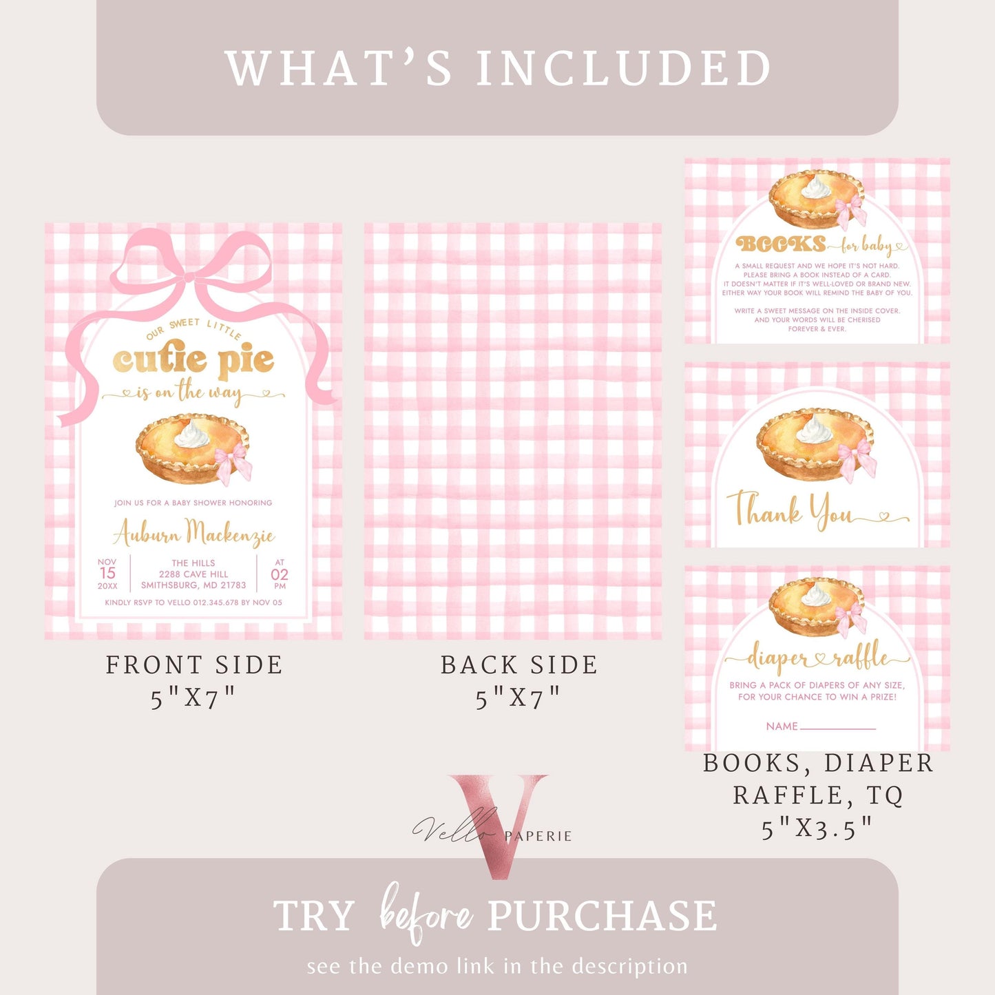 Pink Sweet Cutie Pie on the way Baby Shower Invitation Set | FALL Cutie Pie Baby Shower Invite | Autumn Baby Shower Neutral Pink Gingham