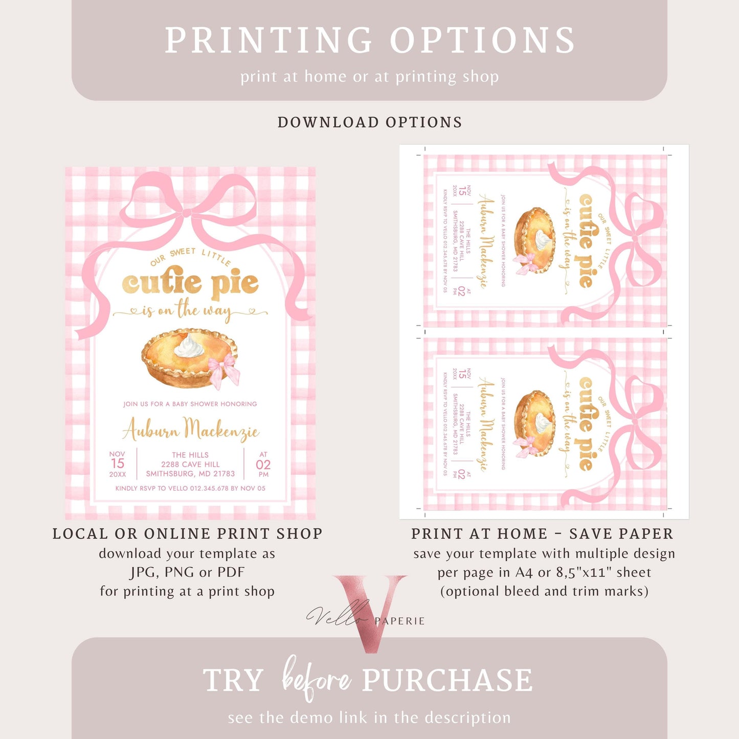 Pink Sweet Cutie Pie on the way Baby Shower Invitation Set | FALL Cutie Pie Baby Shower Invite | Autumn Baby Shower Neutral Pink Gingham