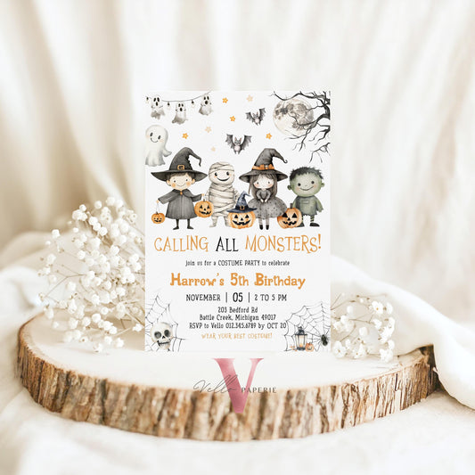 Editable Spooky Monster Halloween Kid Birthday Invitation | Neutral Cute Halloween Ghost Invite | ANY AGE Spooktacular Costume Party