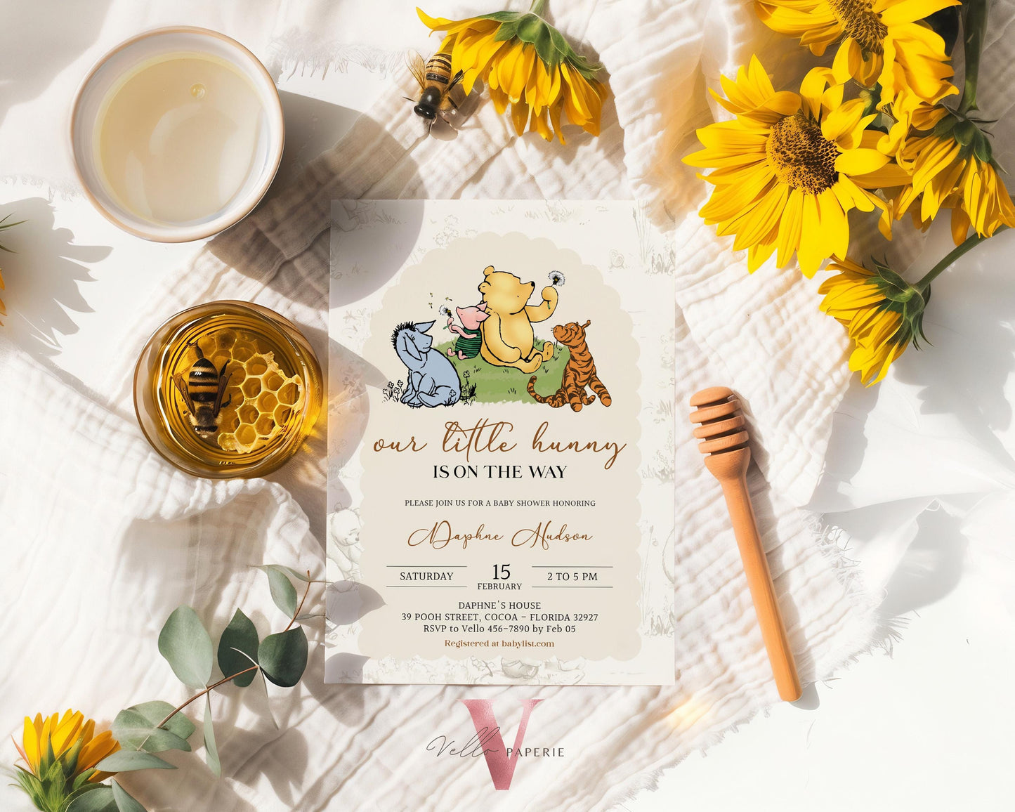 Winnie the Pooh Baby Shower Invitation Bundle | Editable Printable Beige Toile de Juoy, Little Hunny Pooh Baby Shower Party Invite WTP01