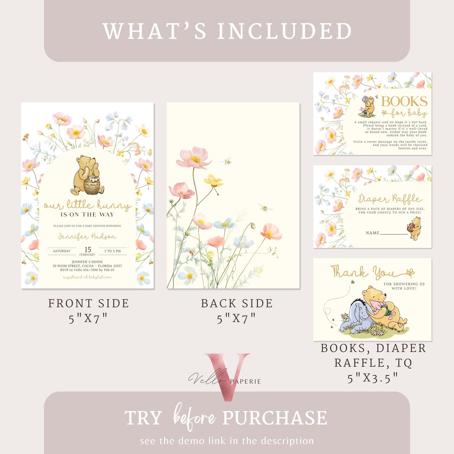 Floral Winnie the Pooh Baby Shower Invitation Bundle | Editable Printable Beige Wildflower, Little Hunny Pooh Baby Shower Party Invite