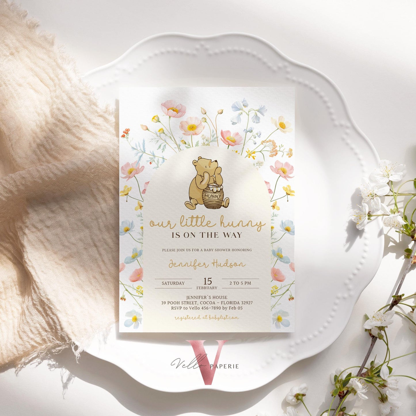 Floral Winnie the Pooh Baby Shower Invitation Bundle | Editable Printable Beige Wildflower, Little Hunny Pooh Baby Shower Party Invite