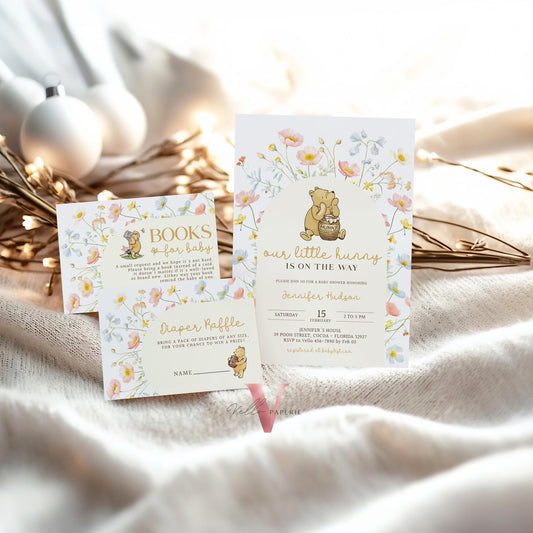 Floral Winnie the Pooh Baby Shower Invitation Bundle | Editable Printable Beige Wildflower, Little Hunny Pooh Baby Shower Party Invite