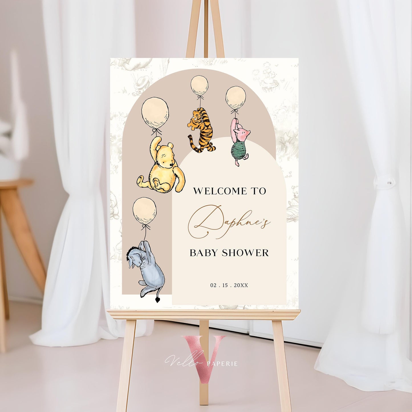 Editable Classic Winnie the Pooh Baby Shower or Birthday Welcome Sign | Printable Beige Toile de Juoy, Bearly Wait Party Decor Sign WTP03