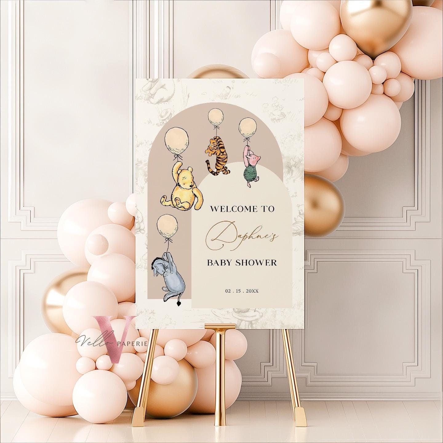 Editable Classic Winnie the Pooh Baby Shower or Birthday Welcome Sign | Printable Beige Toile de Juoy, Bearly Wait Party Decor Sign WTP03