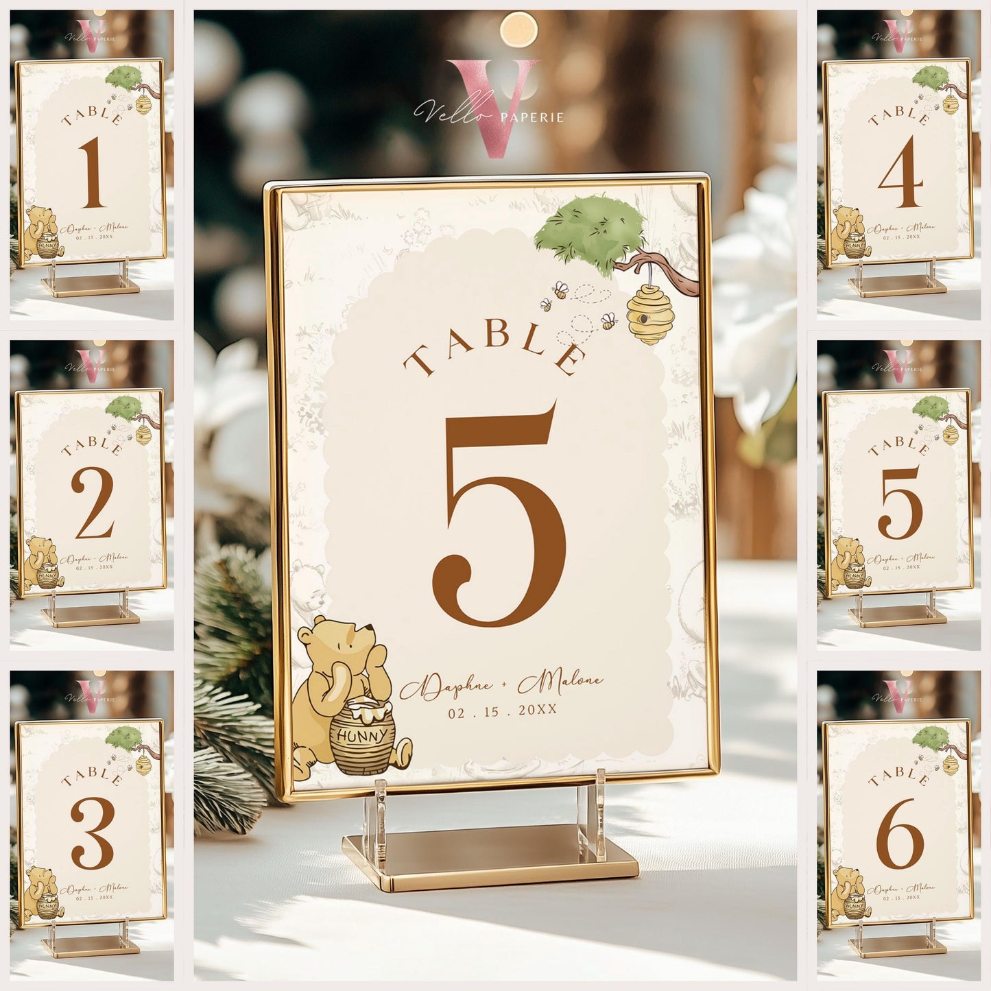 Editable Classic Winnie the Pooh Baby Shower or Birthday Table Number | Printable Beige Toile de Juoy, Little Hunny Decor Table Sign WTP01