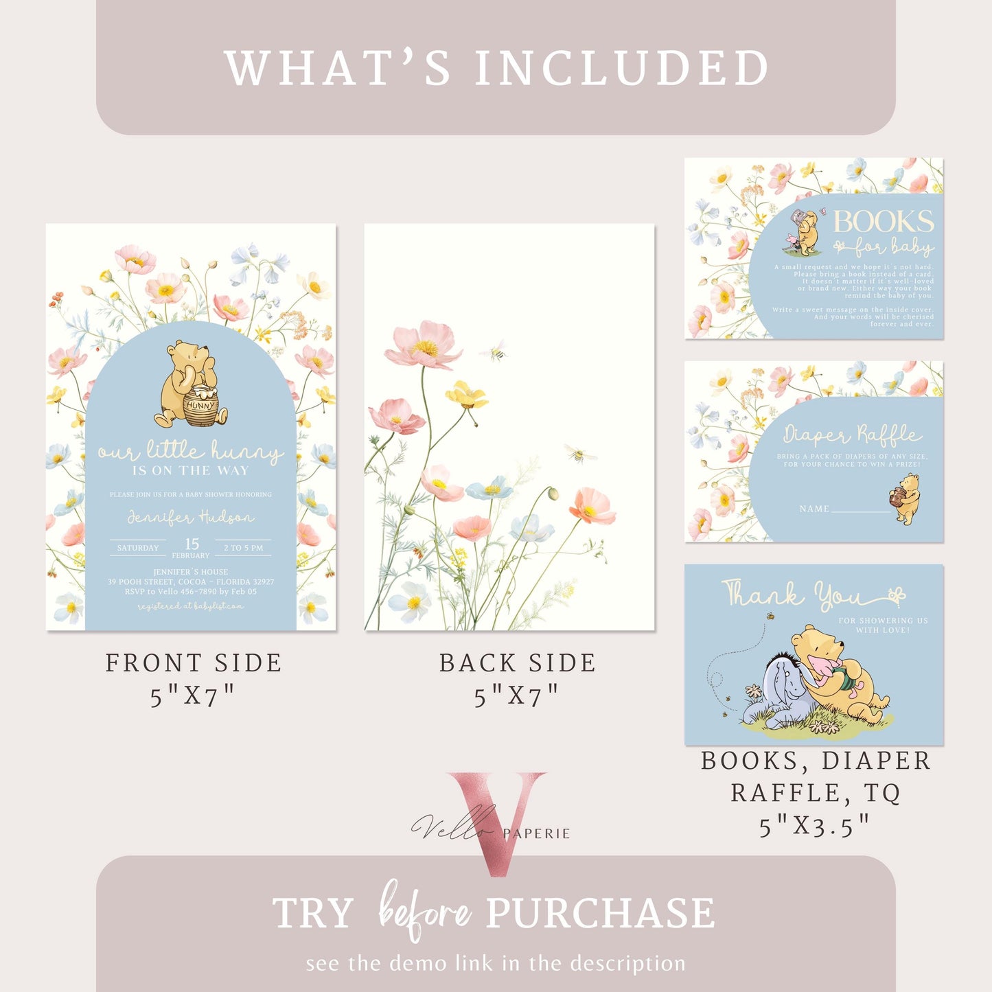 Blue Winnie the Pooh Baby Shower Invitation Bundle | Editable Printable Beige Wildflower, Little Hunny Pooh Baby Shower Party Invite WT201