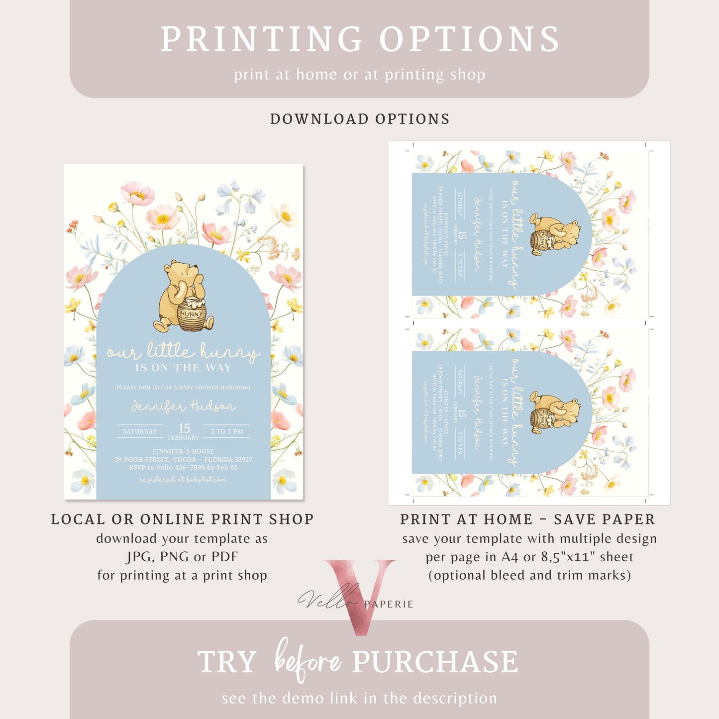 Blue Winnie the Pooh Baby Shower Invitation Bundle | Editable Printable Beige Wildflower, Little Hunny Pooh Baby Shower Party Invite WT201