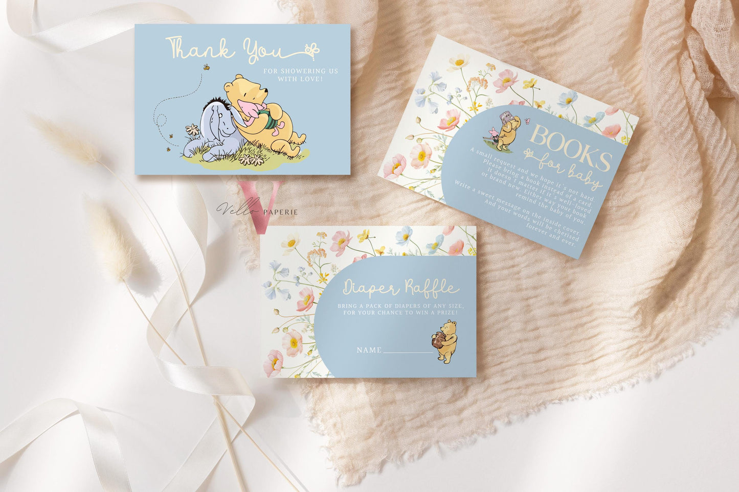 Blue Winnie the Pooh Baby Shower Invitation Bundle | Editable Printable Beige Wildflower, Little Hunny Pooh Baby Shower Party Invite WT201