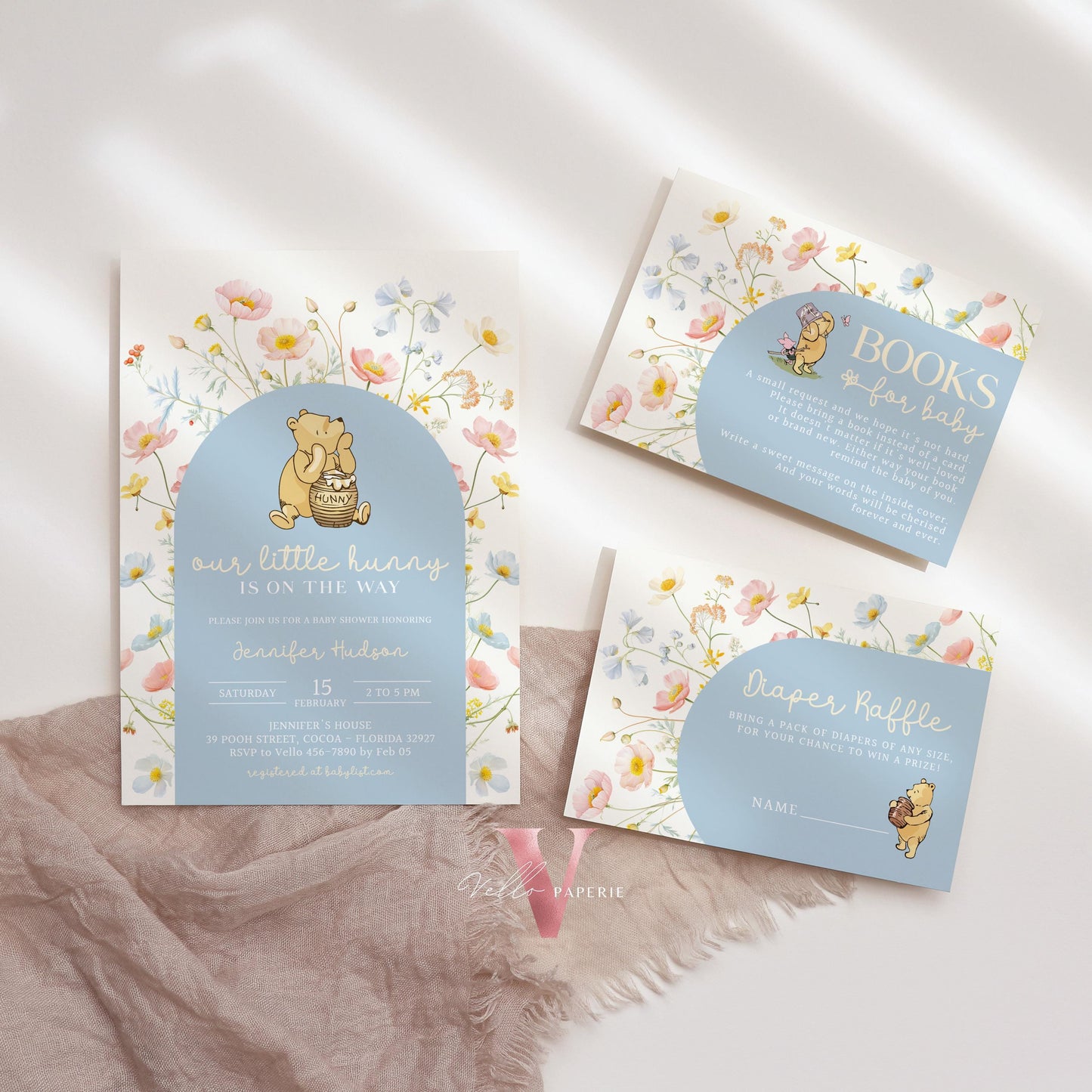 Blue Winnie the Pooh Baby Shower Invitation Bundle | Editable Printable Beige Wildflower, Little Hunny Pooh Baby Shower Party Invite WT201