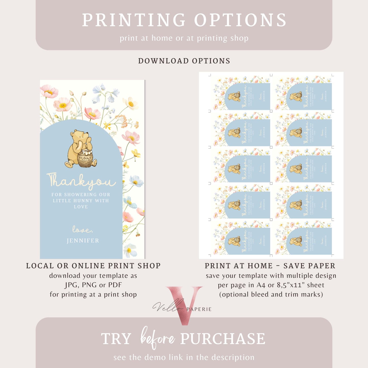 Blue Winnie the Pooh Baby Shower or Birthday Menu Design | Editable Printable Beige Wildflower,, ittle Hunny Party Favors, Decor WTP02