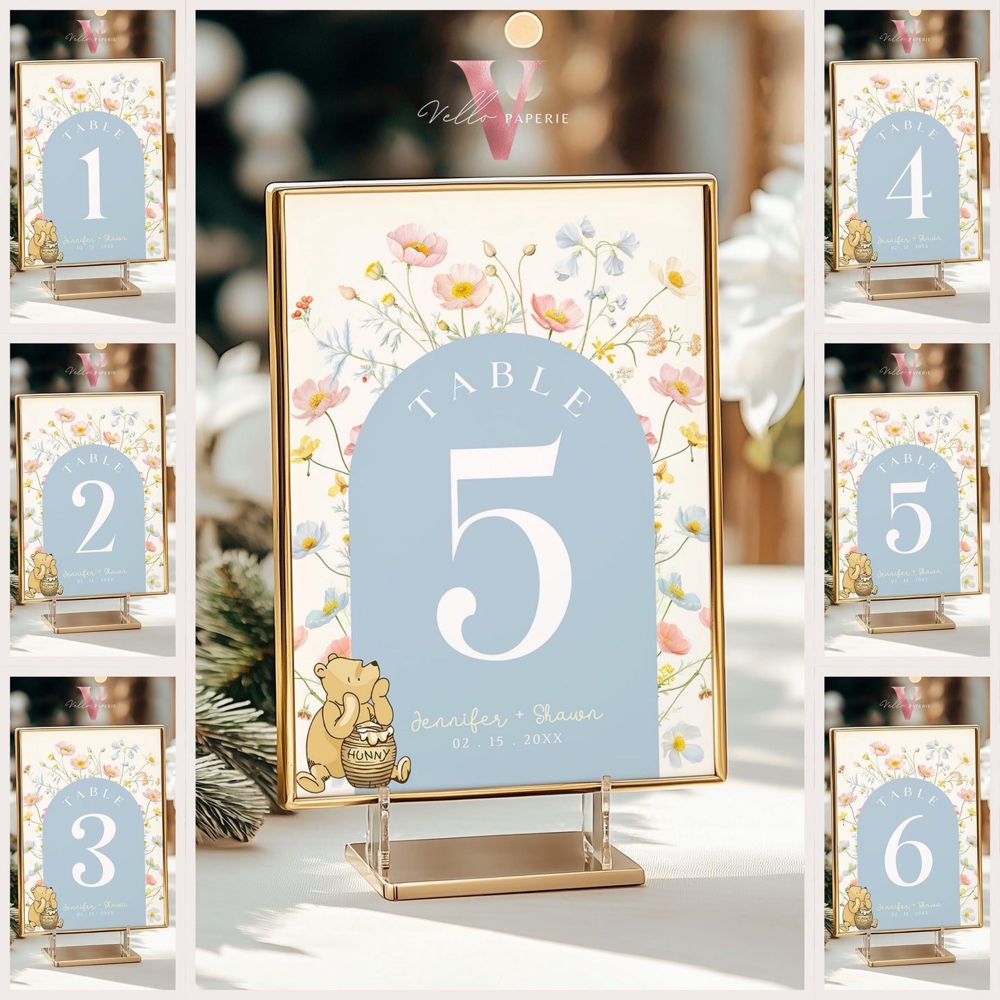 Editable Blue Winnie the Pooh Baby Shower or Birthday Table Number | Printable Beige Wildflower, Little Hunny Decor Table Sign WTP02