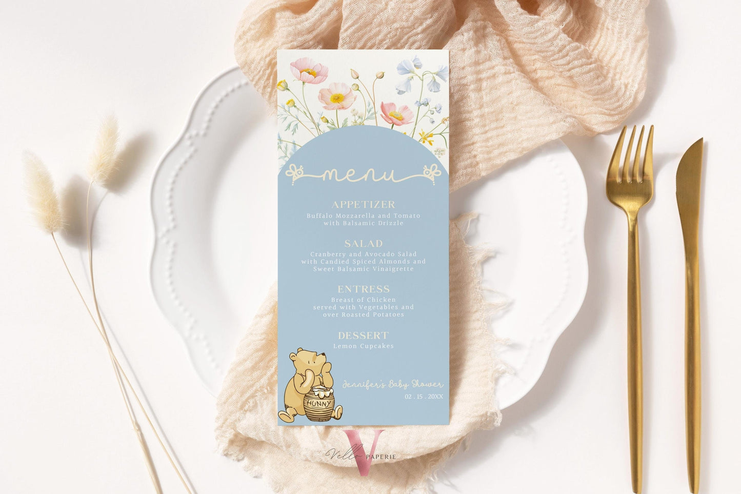 Blue Winnie the Pooh Baby Shower or Birthday Menu Design | Editable Printable Beige Wildflower,, ittle Hunny Party Favors, Decor WTP02