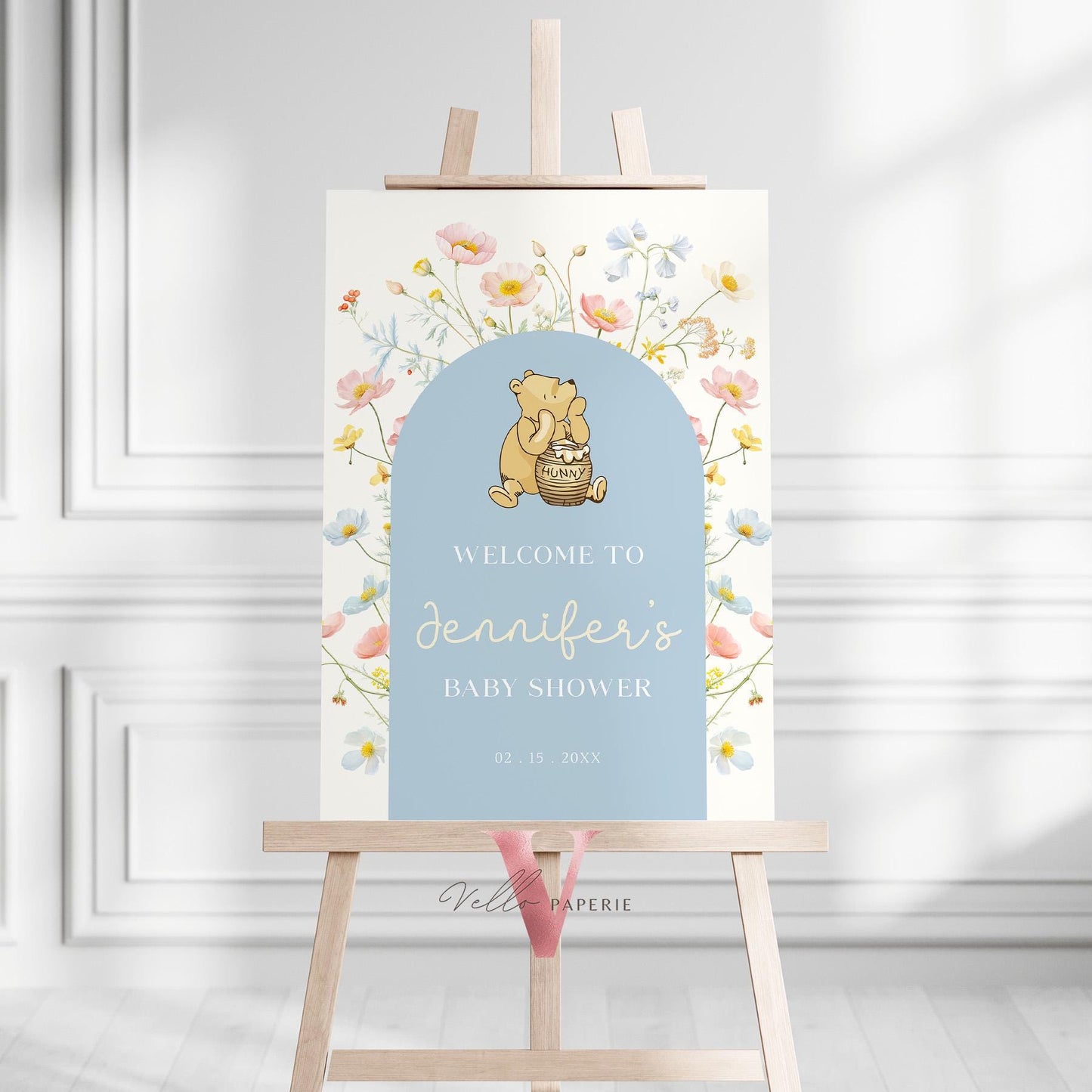 Editable Blue Winnie the Pooh Baby Shower or Birthday Welcome Sign | Printable Beige Blue Wildflower, Little Hunny Party Decor Sign WTP02