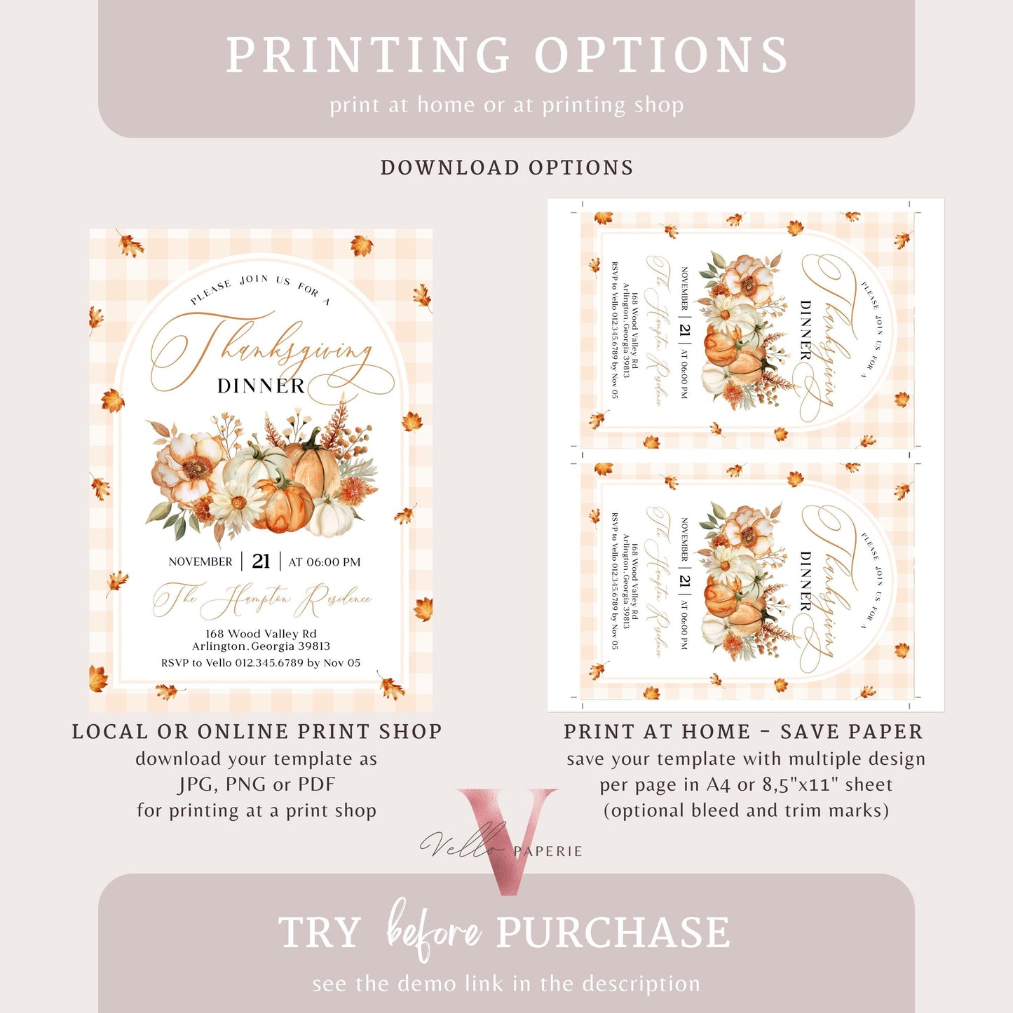 Autumn Thanksgiving DINNER Invitation | FALL Lets Thankful Together Friendsgiving Invite | Potluck Modern Rustic PUMPKIN Casual Thanksgiving