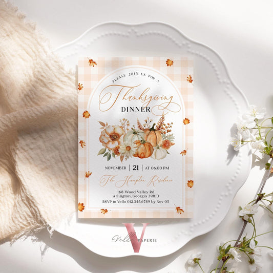 Autumn Thanksgiving DINNER Invitation | FALL Lets Thankful Together Friendsgiving Invite | Potluck Modern Rustic PUMPKIN Casual Thanksgiving