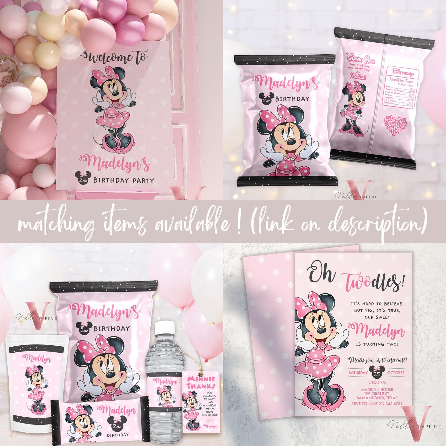 Self Editable Any Age Minnie Mouse Birthday Party Favors | Black Pink Polkadot Minnie Party Water Bottle Label, Party Decor MMB01