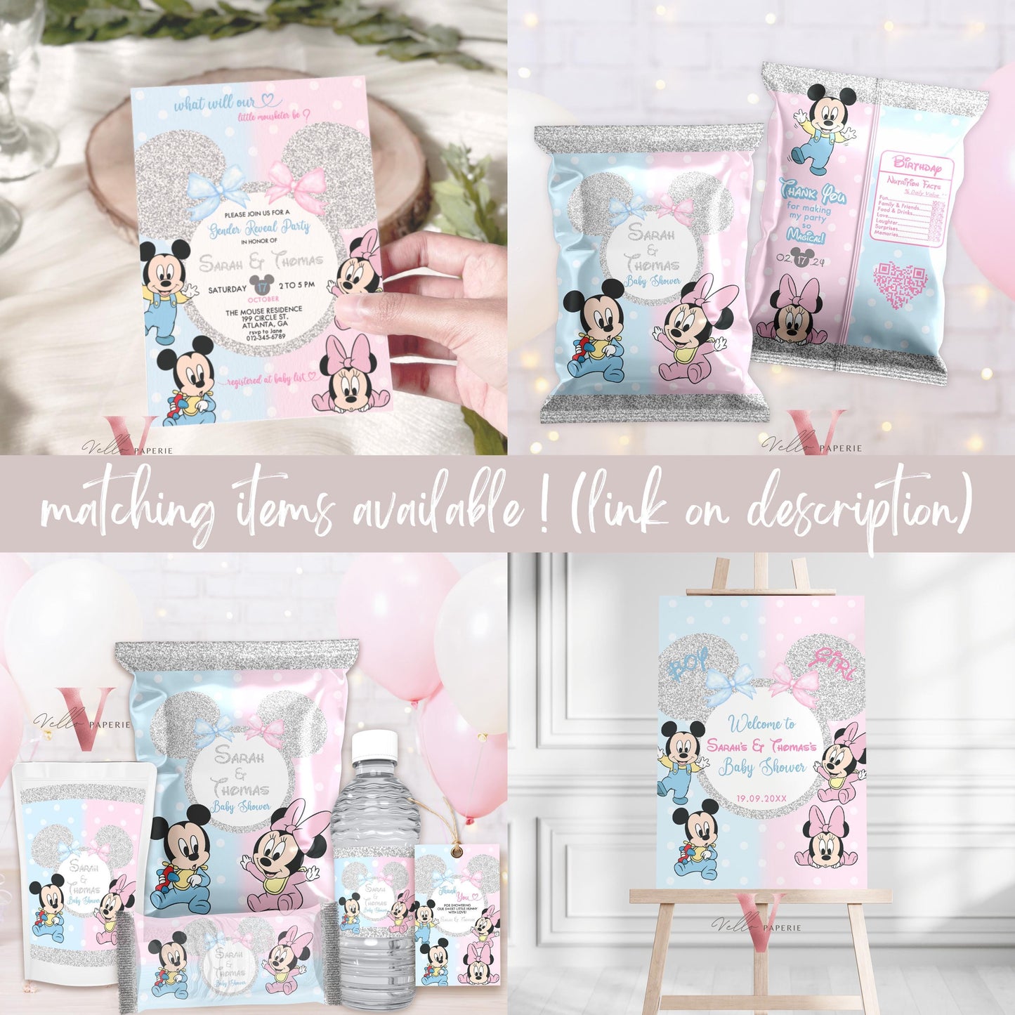 Minnie Mickey BABY Shower BUNDLE | Gender Reveal Mouse Party Invite, Sign, Chips Bag Water Bottle Label Caprisun Rice Krispie TQ Tag  MBS01