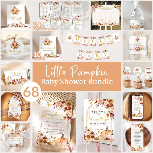 Little Pumpkin Fall Baby Shower Complete BUNDLE | Editable Autumn Floral Pumpkin Set | Gold Baby Shower Invitation PARTY FAVORS Decor FPB01