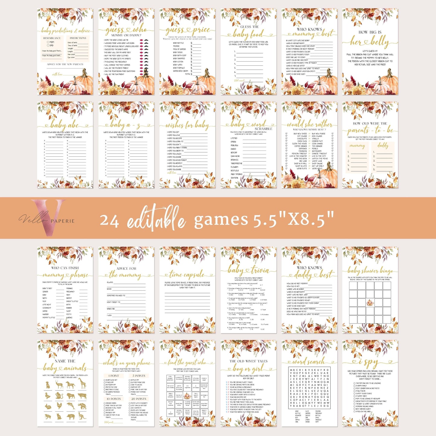 Little Pumpkin Fall Baby Shower Complete BUNDLE | Editable Autumn Floral Pumpkin Set | Gold Baby Shower Invitation PARTY FAVORS Decor FPB01