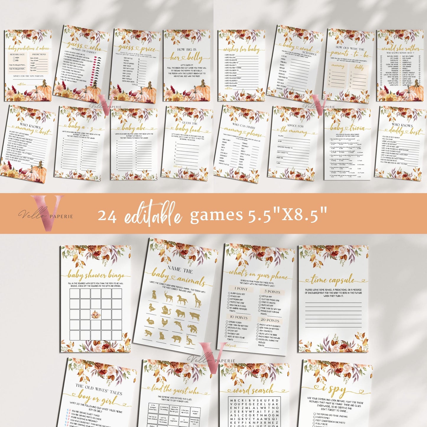 Little Pumpkin Fall Baby Shower Complete BUNDLE | Editable Autumn Floral Pumpkin Set | Gold Baby Shower Invitation PARTY FAVORS Decor FPB01