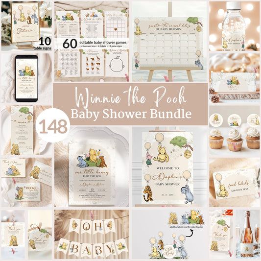 Winnie the Pooh Baby Shower COMPLETE BUNDLE | Full Editable Beige Toile de Juoy, Little Hunny Pooh Baby Shower Party SET, Favors Decor WTP01