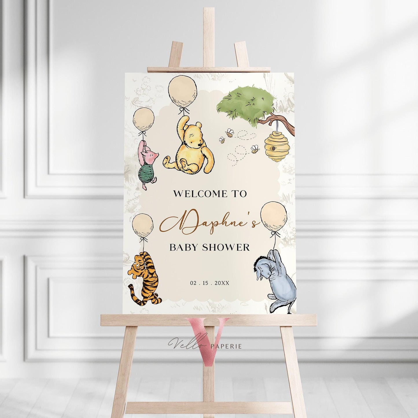 Editable Classic Winnie the Pooh Baby Shower or Birthday Welcome Sign | Printable Beige Toile de Juoy, Little Hunny Party Decor Sign WTP01