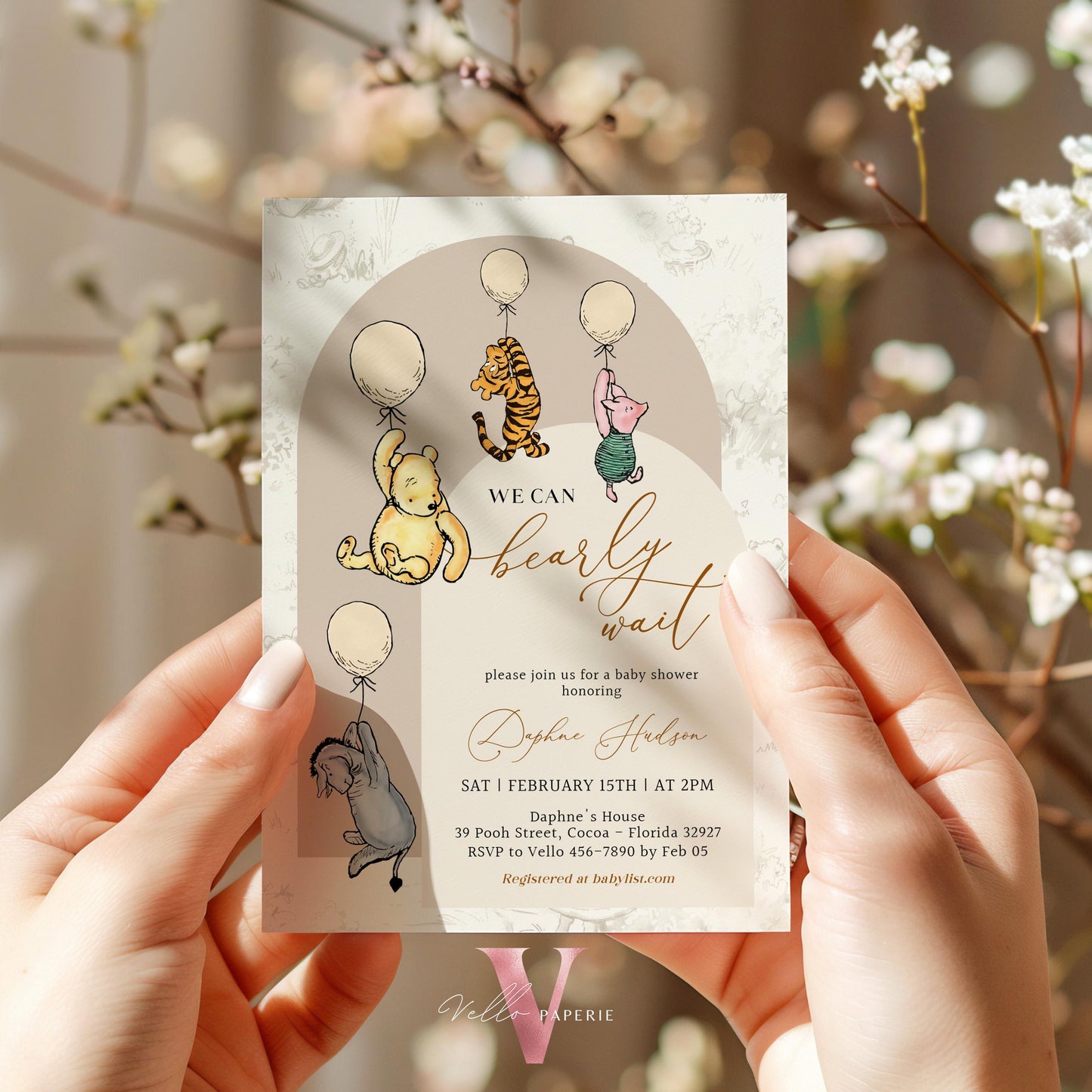 Winnie the Pooh Balloons Baby Shower Invitation Bundle | Editable Printable Beige Toile de Juoy, Bearly Wait Baby Shower Party Invite WTP03