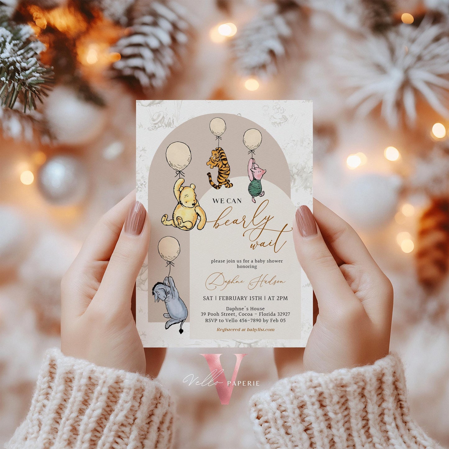 Winnie the Pooh Balloons Baby Shower Invitation Bundle | Editable Printable Beige Toile de Juoy, Bearly Wait Baby Shower Party Invite WTP03