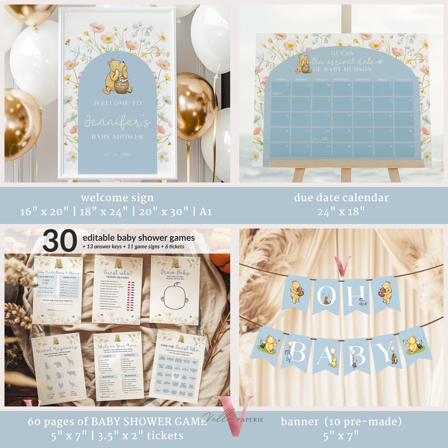 Blue Winnie the Pooh Baby Shower BUNDLE | Full Editable Beige Blue Wildflower, Little Hunny Pooh Baby Shower Party SET, Favors Decor WTP02