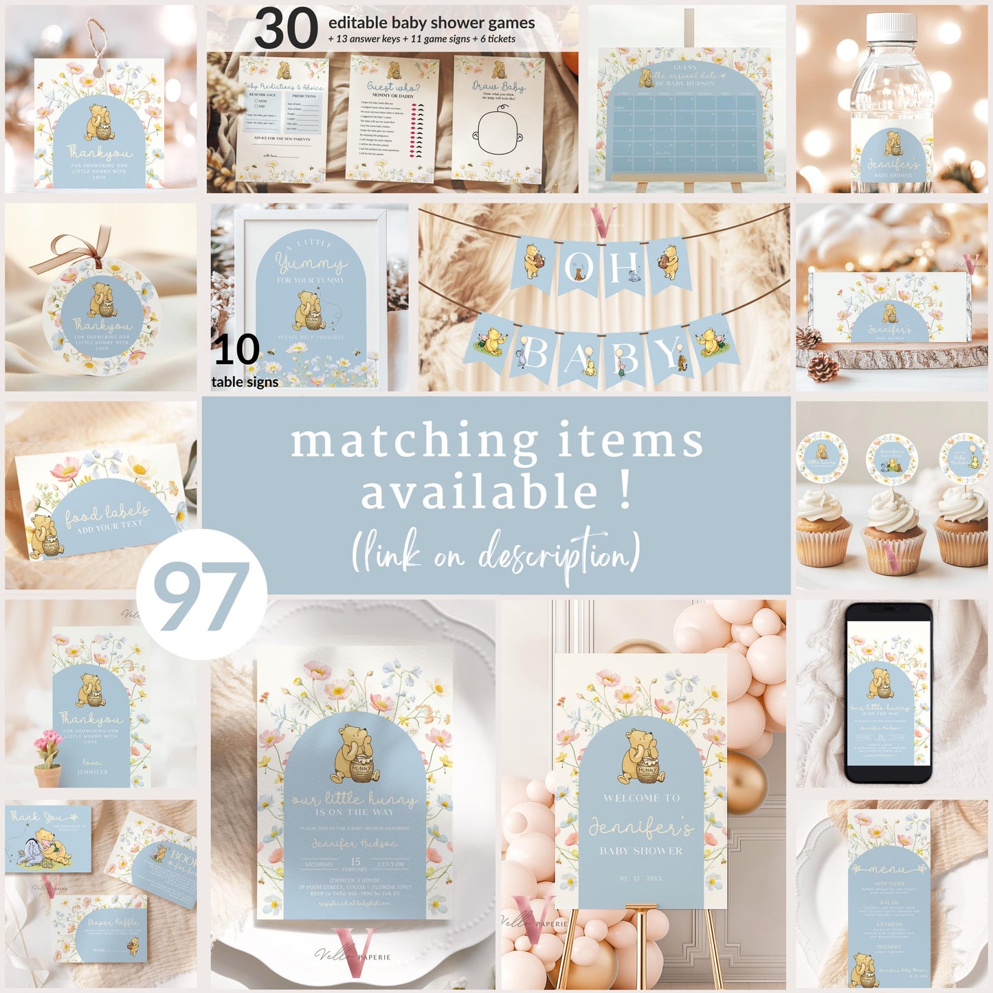 Blue Winnie the Pooh Baby Shower or Birthday Menu Design | Editable Printable Beige Wildflower,, ittle Hunny Party Favors, Decor WTP02