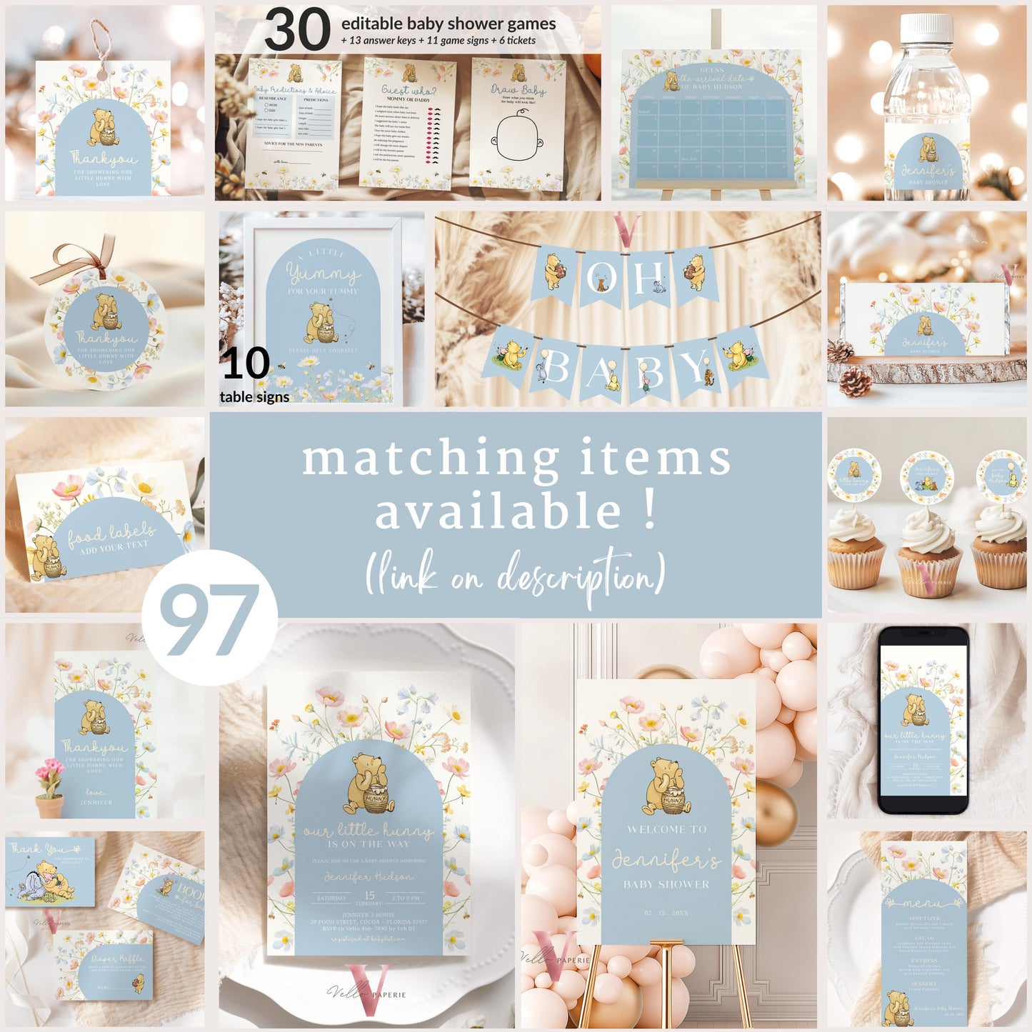 Classic Winnie the Pooh Baby Shower or Birthday Food Label | Editable Printable Beige Blue Wildflower, Little Hunny Party Favors Decor WTP02