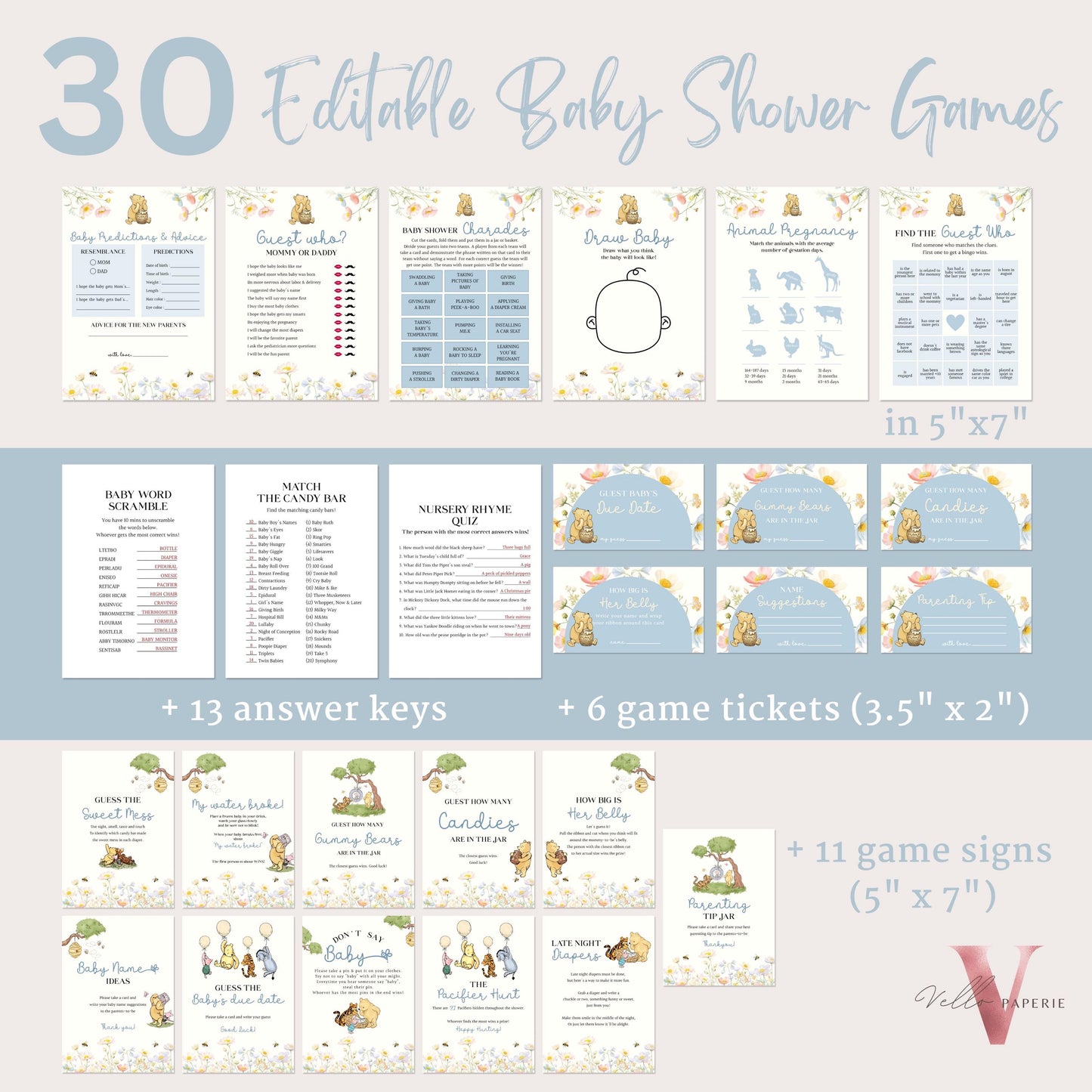 Editable 60pages Blue Winnie the Pooh Baby Shower Games & Activities Bundle Ticket Sign | Printable Little Hunny Pooh Baby Shower Set WTP02