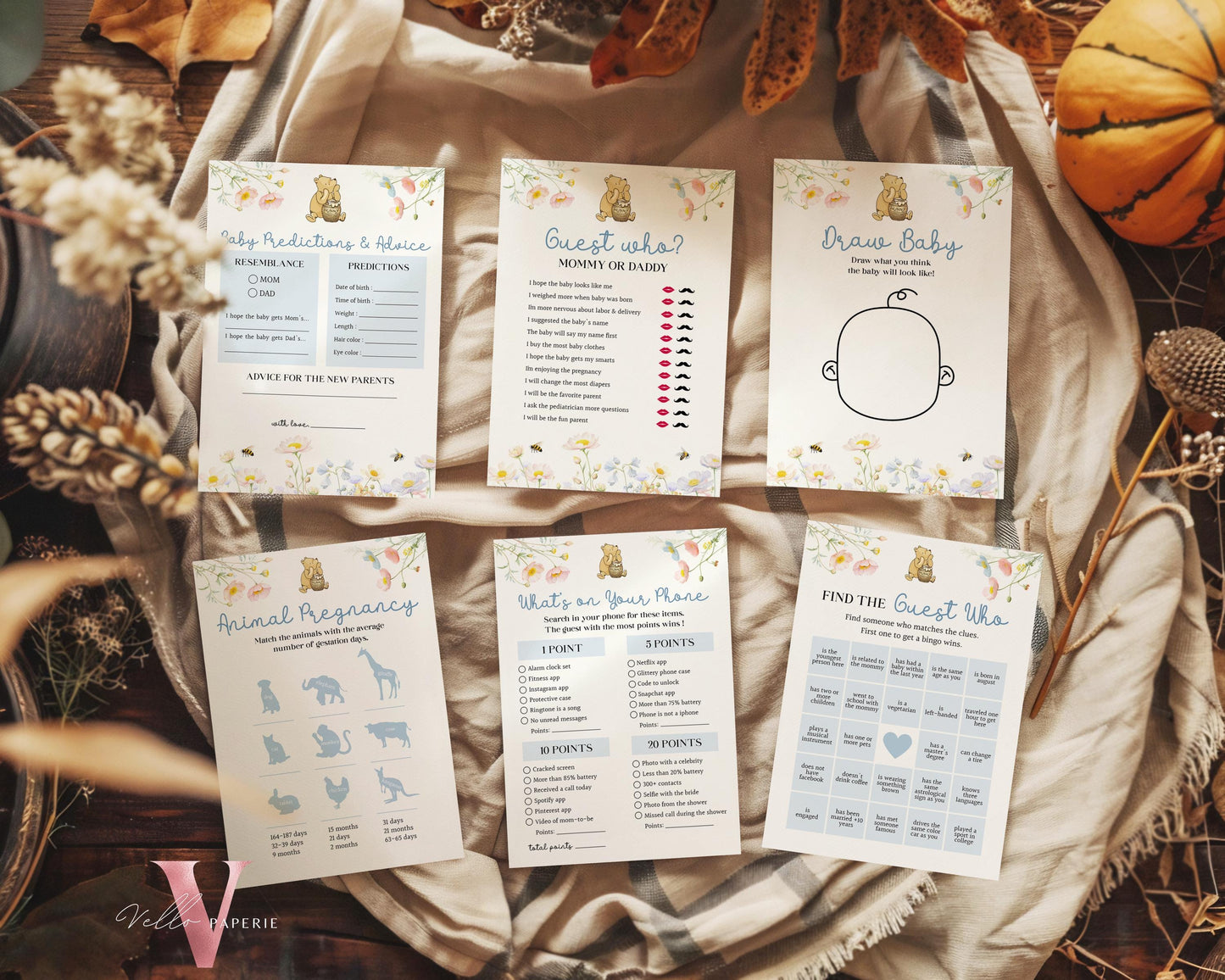 Editable 60pages Blue Winnie the Pooh Baby Shower Games & Activities Bundle Ticket Sign | Printable Little Hunny Pooh Baby Shower Set WTP02