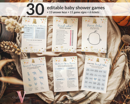 Editable 60pages Blue Winnie the Pooh Baby Shower Games & Activities Bundle Ticket Sign | Printable Little Hunny Pooh Baby Shower Set WTP02