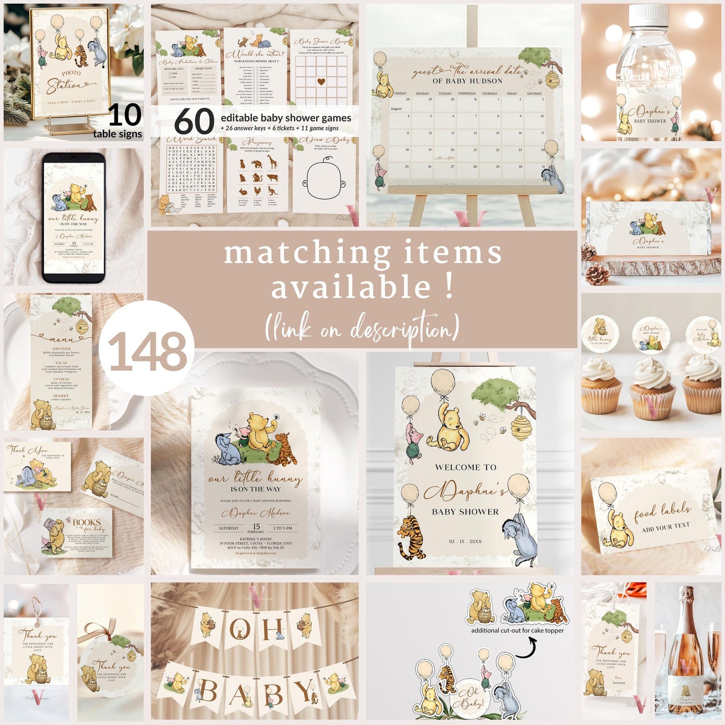 Editable Classic Winnie the Pooh Baby Shower Due Date Calendar | Printable Beige Toile de Juoy, Little Hunny Party Decor, Arrival Date WTP01