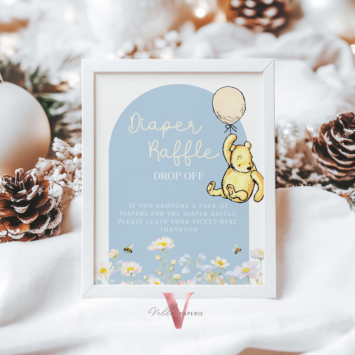 Editable Blue Winnie the Pooh Baby Shower or Birthday Premade Sign | Printable Beige Blue Wildflower, Little Hunny Decor Table Sign WTP02