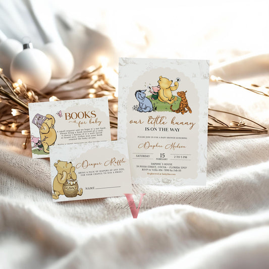 Winnie the Pooh Baby Shower Invitation Bundle | Editable Printable Beige Toile de Juoy, Little Hunny Pooh Baby Shower Party Invite WTP01