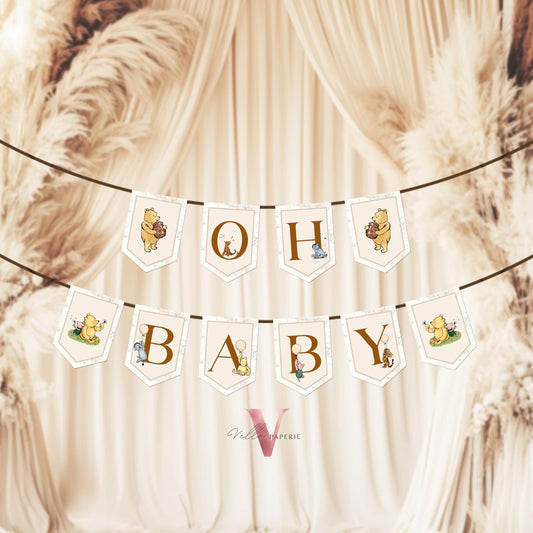 Editable Winnie the Pooh Balloons Baby Shower or Birthday Garlands | Printable Beige Toile de Juoy, Bearly Wait Banner, Bunting Flag WTP03