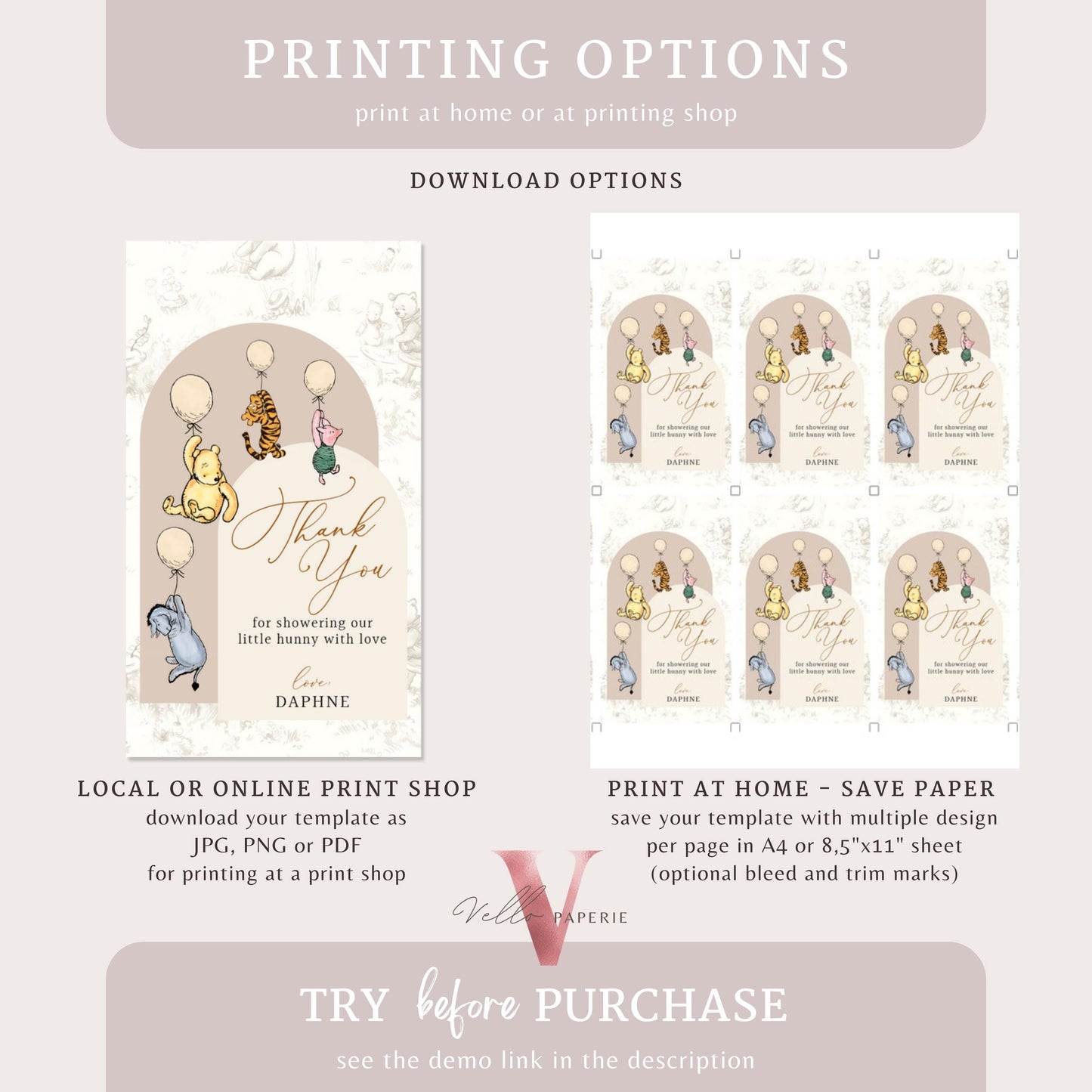 Winnie the Pooh Balloons Baby Shower or Birthday Menu Design | Editable Printable Beige Toile de Juoy, Bearly Wait Party Favors, Decor WTP03