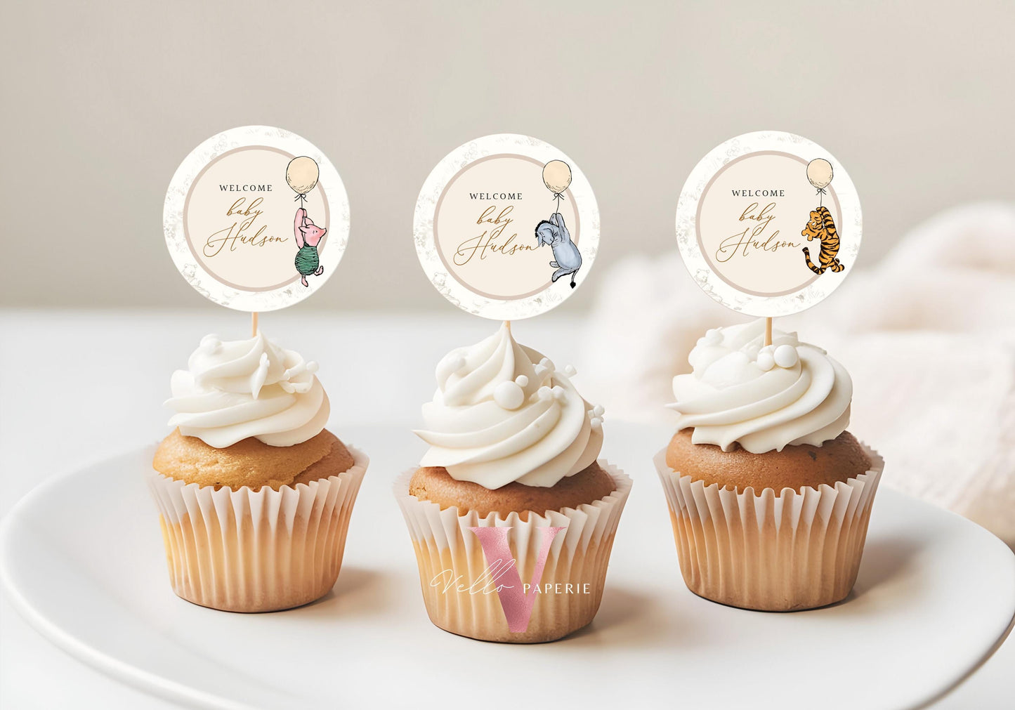 Editable Classic Winnie the Pooh Baby Shower or Birthday Cupcake Toppers | Printable Beige Toile de Juoy, Bearly Wait Cake Decor WTP03